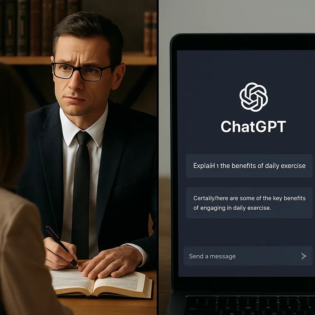 Split image showing a traditional lawyer-client consultation on one side and a computer screen with ChatGPT interface on the other, highlighting the contrast between protected legal communications and potentially risky AI interactions