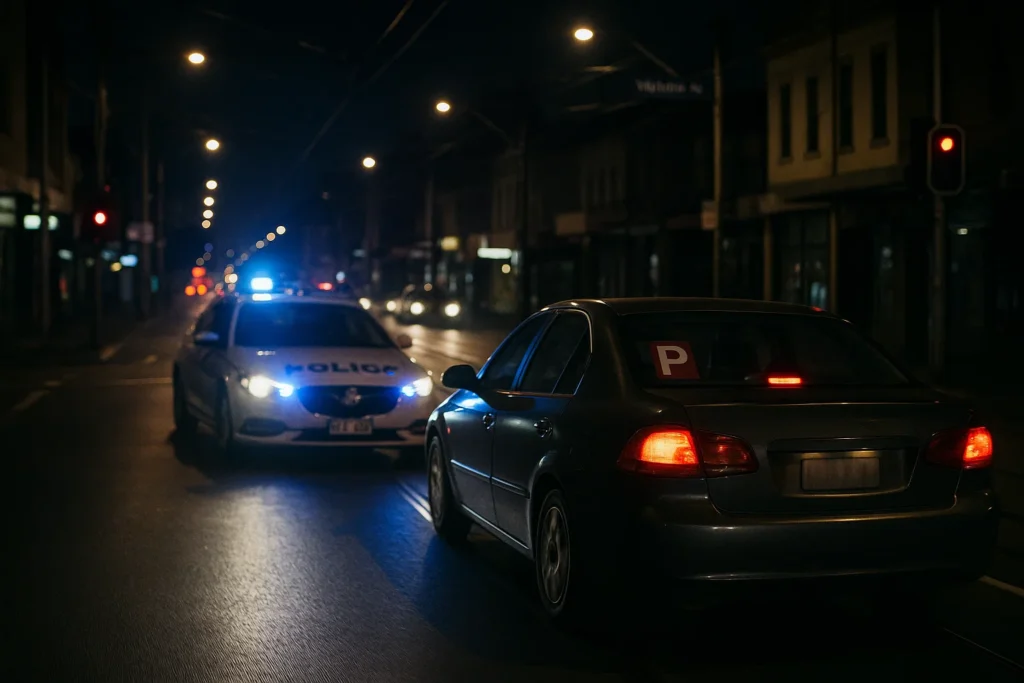 picture of a p plate driver evading police at night in a melbourne, victoria street at night.