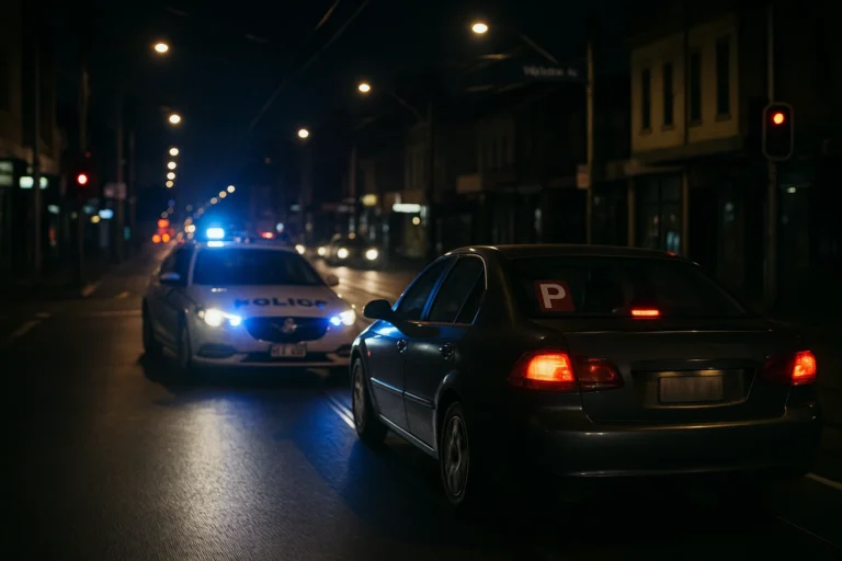 picture of a p plate driver evading police at night in a melbourne, victoria street at night.