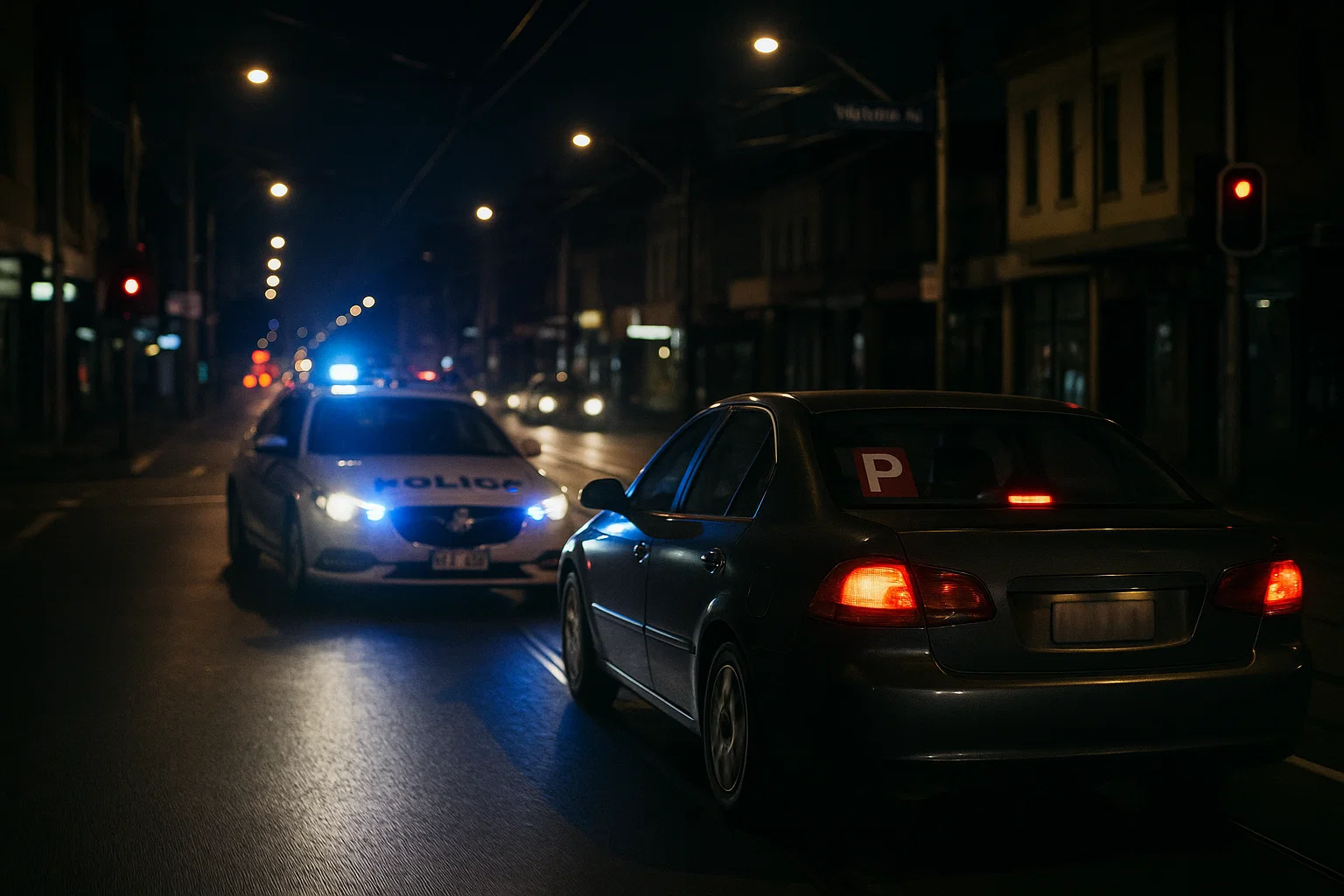 picture of a p plate driver evading police at night in a melbourne, victoria street at night.