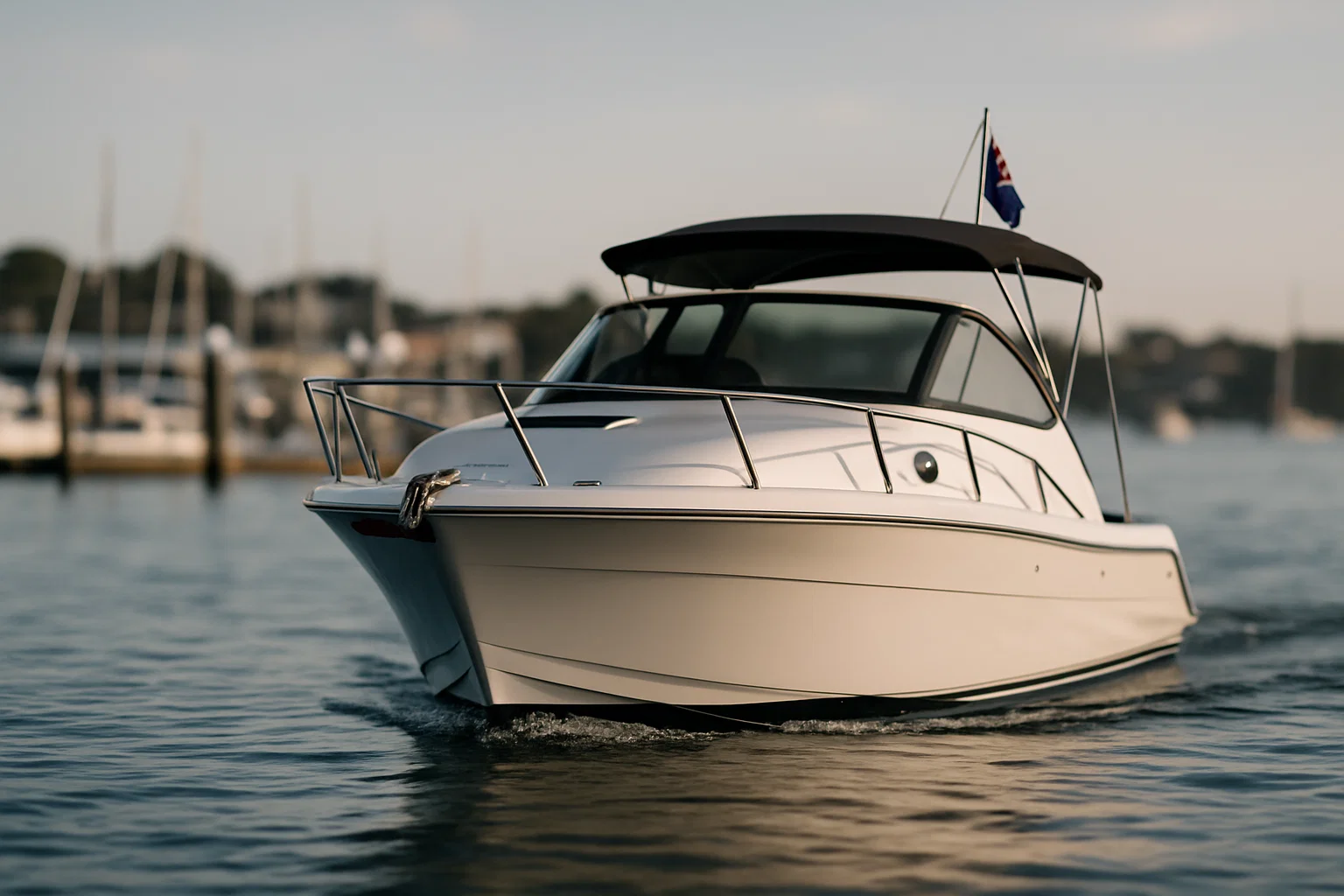 A photo of a small boat or yacht on the water with a blurred marina