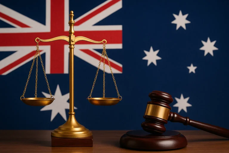 an abstract image of scales of justice with an Australian flag in the background to reflect federal law.