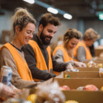 A group of unrecognizable people volunteering at a local food bank showcasing compassion generosity and community service