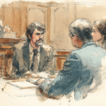 Depiction of a courtroom hearing in NSW with a defence lawyer advising a client accused of assault, soft neutral tones, realistic style.